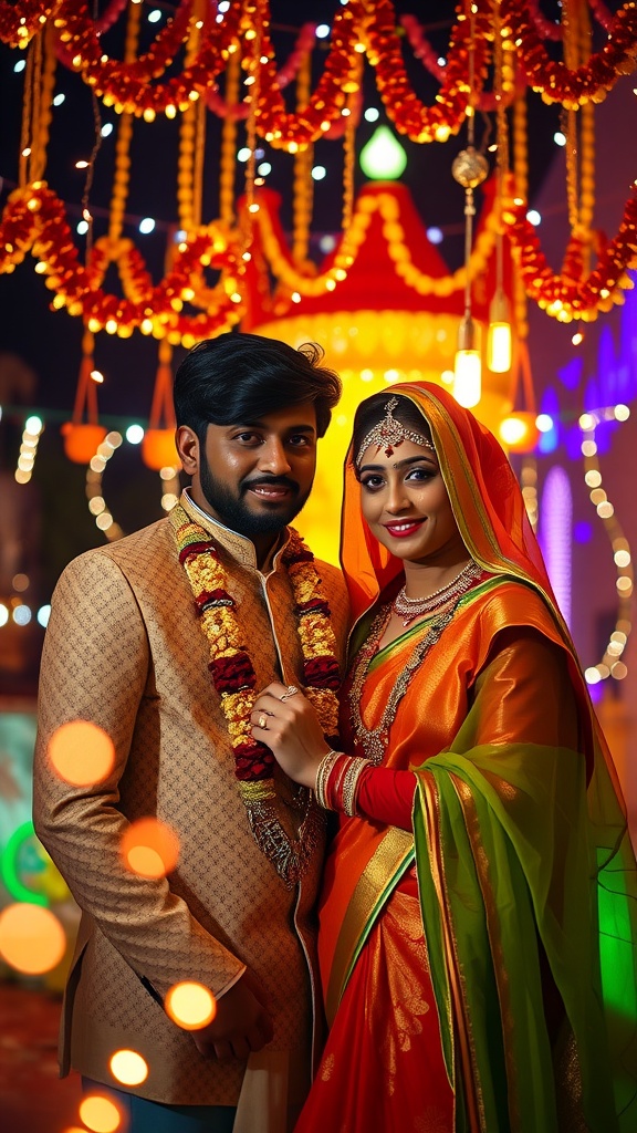 A couple celebrating Diwali with traditional attire and festive decorations.