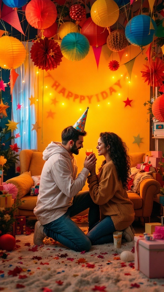 Couple in a festive themed setup, kneeling and sharing a drink in a colorful room decorated for celebration.