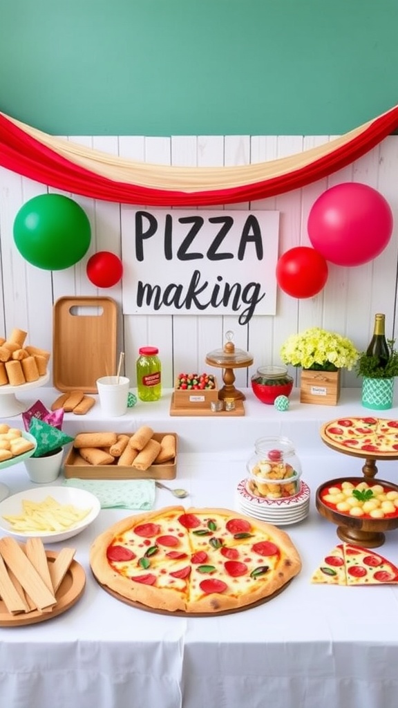 Colorful pizza making setup for a bridal shower