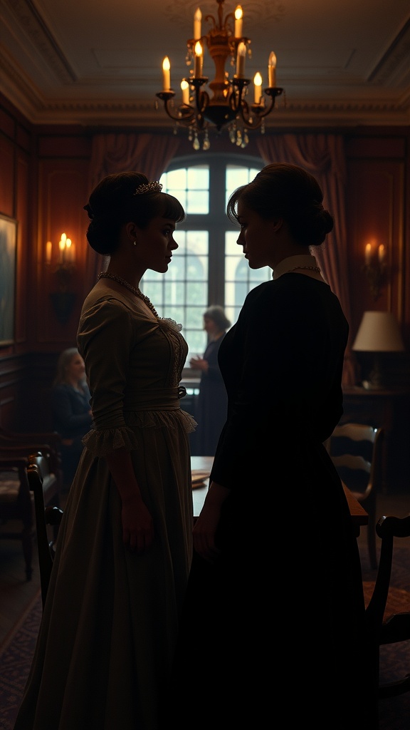 Two women in Victorian attire standing closely together, highlighting a moment of connection.