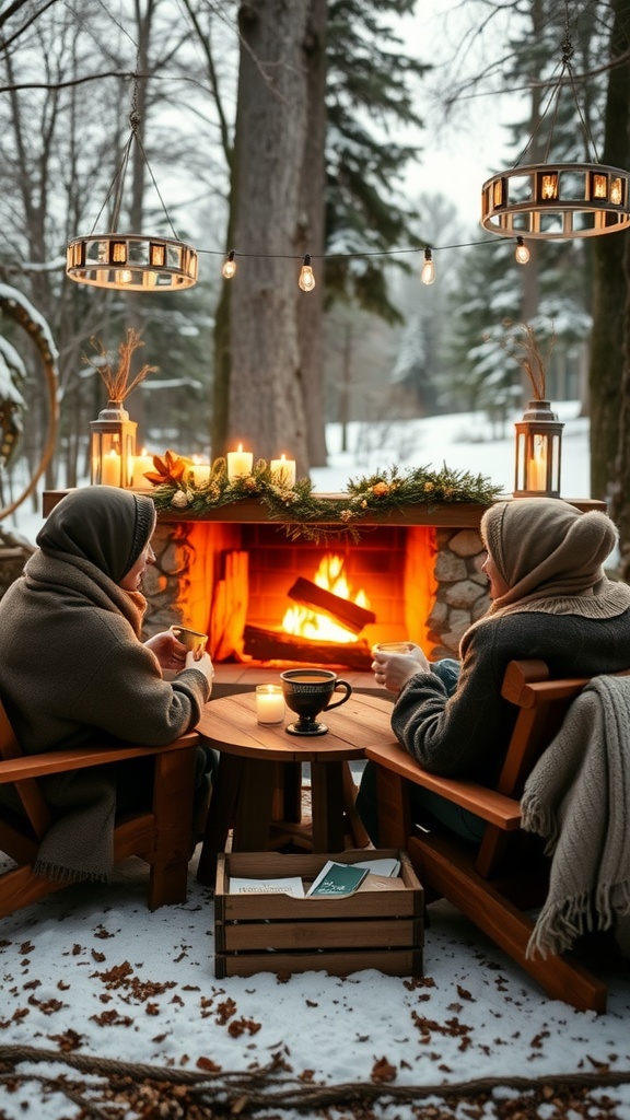 Two friends sitting by a cozy fire, enjoying warm drinks in a winter setting