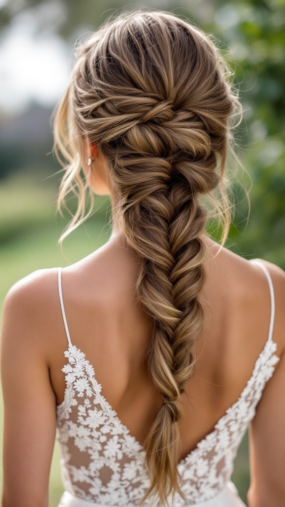 A back view of a fishtail braid hairstyle on a bride or bridesmaid, featuring loose strands and floral accents.