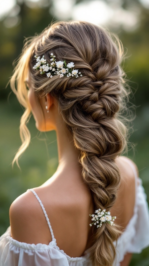 A fishtail braid hairstyle adorned with small white flowers, showcasing a romantic and elegant look for a bridesmaid.