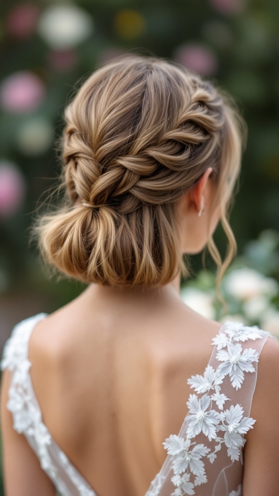 Elegant fishtail braid on a bob hairstyle, featuring a chic bun and soft waves, perfect for bridesmaids.