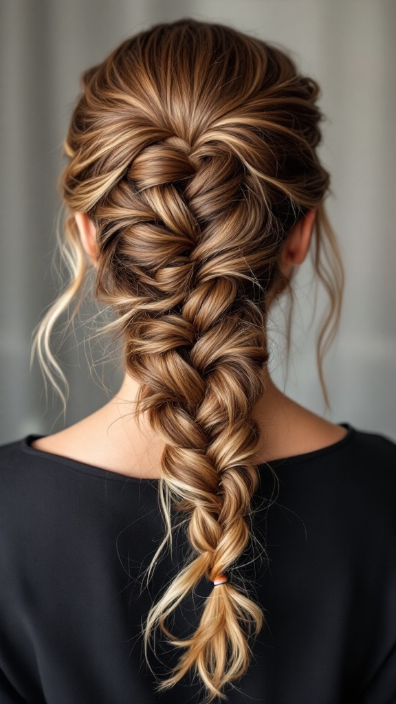 A fishtail braid with curly layers, showcasing a stylish hairstyle for bridesmaids.