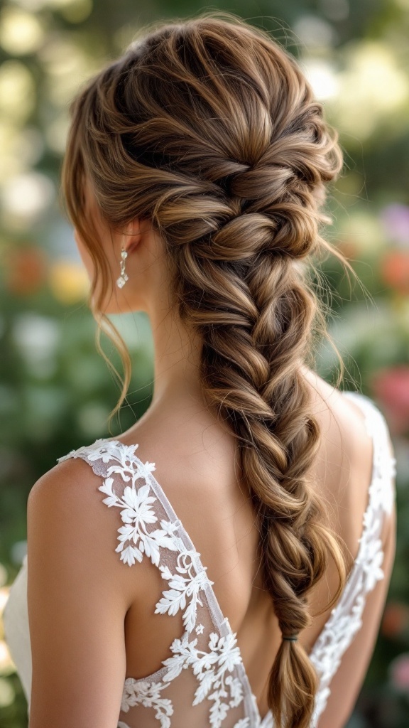 A fishtail braid adorned with soft waves, showcasing a beautiful hairstyle for bridesmaids with thin hair.