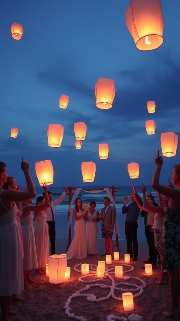 Wedding guests participating in a floating lantern ceremony on the beach at dusk.