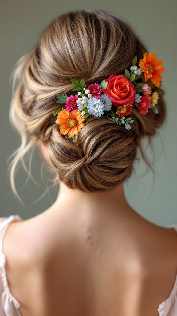 A bride's floral-embellished updo featuring vibrant flowers.