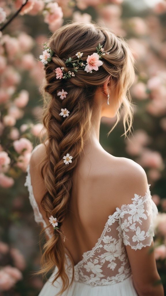 A beautiful half-up half-down hairstyle featuring floral accents and a braid, set against a backdrop of pink flowers.