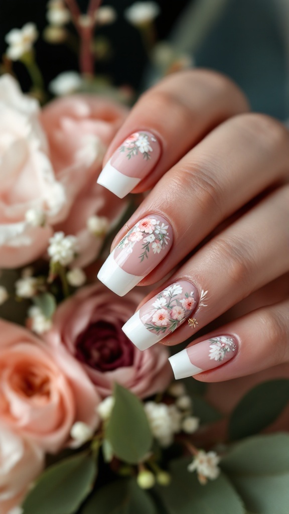 A hand with French tip wedding nails featuring floral designs, surrounded by soft pink roses.