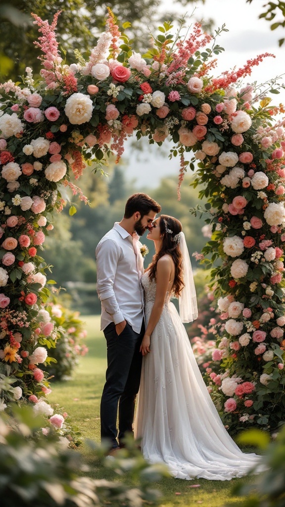 Couple standing under a floral archway during an engagement shoot.