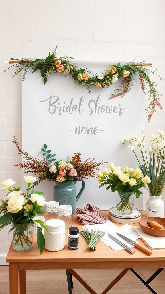 A floral crown workshop setup with flowers, vases, and crafting supplies for a bridal shower.