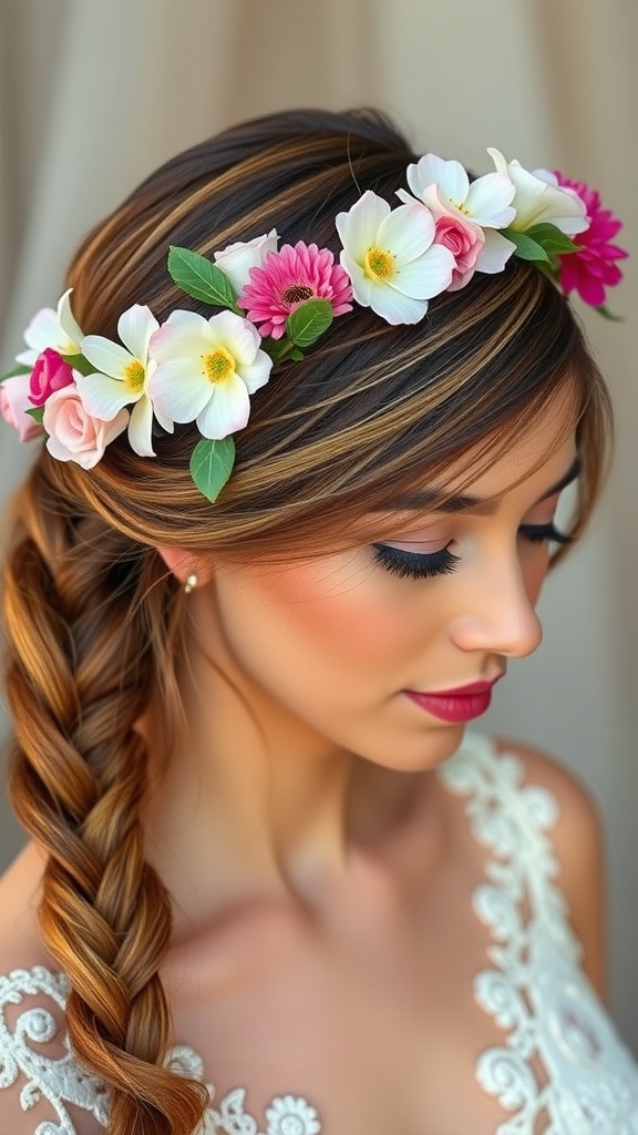 A close-up of a woman with a floral halo braid, featuring pink and white flowers.