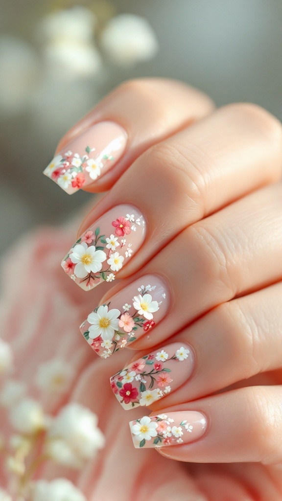 Nails with floral art featuring small flowers on a soft pink background