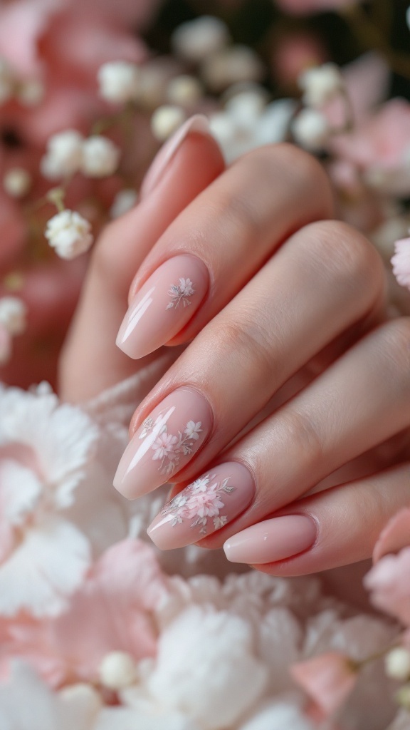 Nude wedding nails with delicate floral art on a hand surrounded by pink flowers.