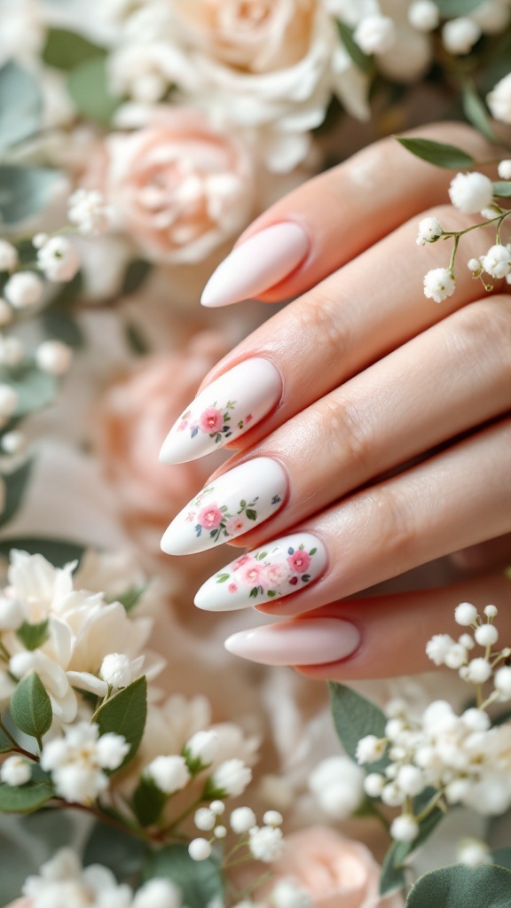 A hand with almond shaped nails featuring floral patterns surrounded by white and pink flowers