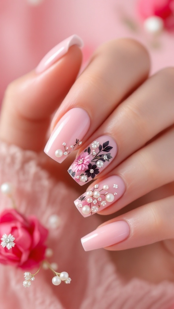 Wedding nails with floral designs and pearl embellishments on a soft pink background.