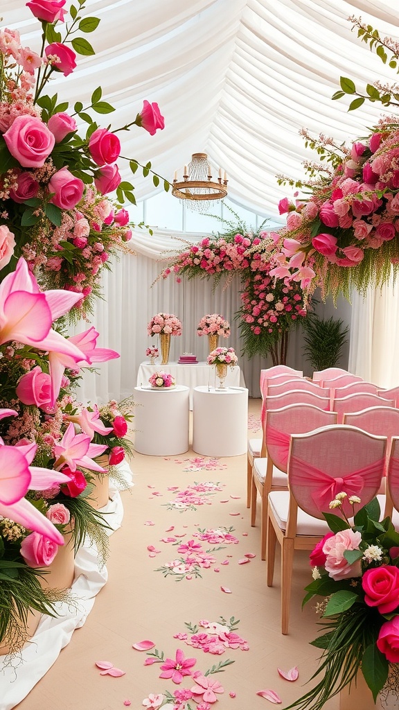 Floral-themed bridal shower venue decorated with pink roses, lilies, and elegant chairs.