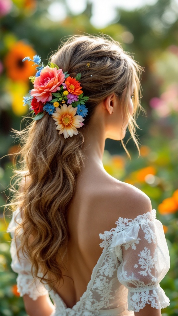 A bride with a floral ponytail decorated with colorful flowers, showcasing soft waves and an elegant backless wedding dress.