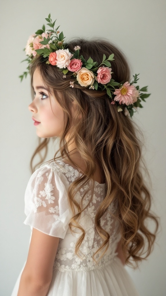 Little girl with loose waves and a floral wreath in her hair