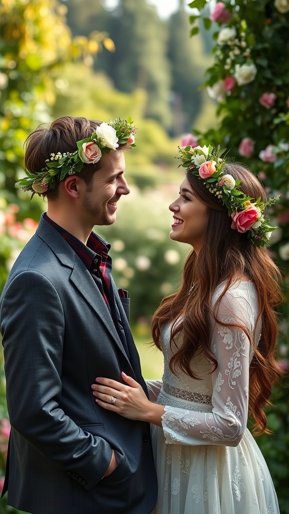 A couple smiling at each other, wearing floral wreaths, surrounded by greenery and blooming flowers.