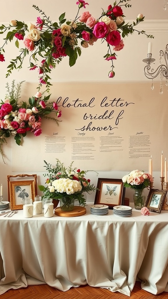 A beautifully decorated bridal shower table featuring floral arrangements, vintage frames, and a draped backdrop.