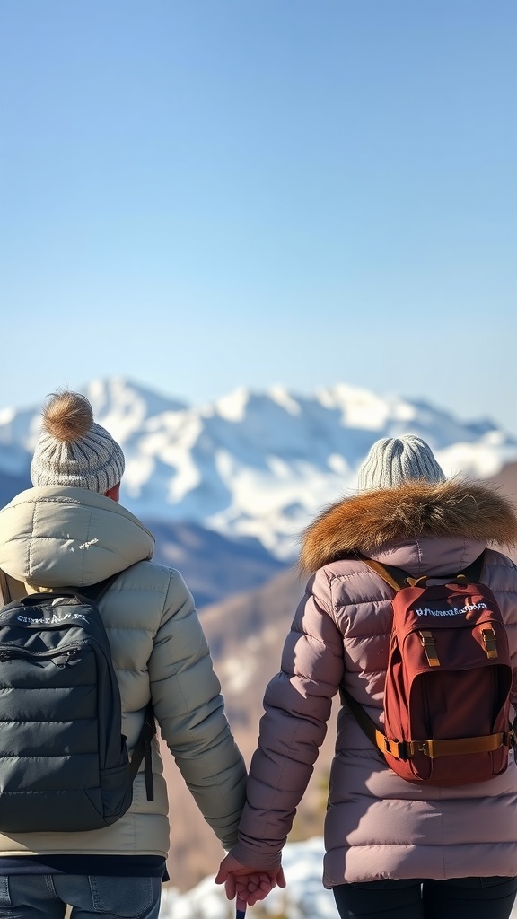 A couple holding hands in fluffy jackets against a snowy mountain backdrop.