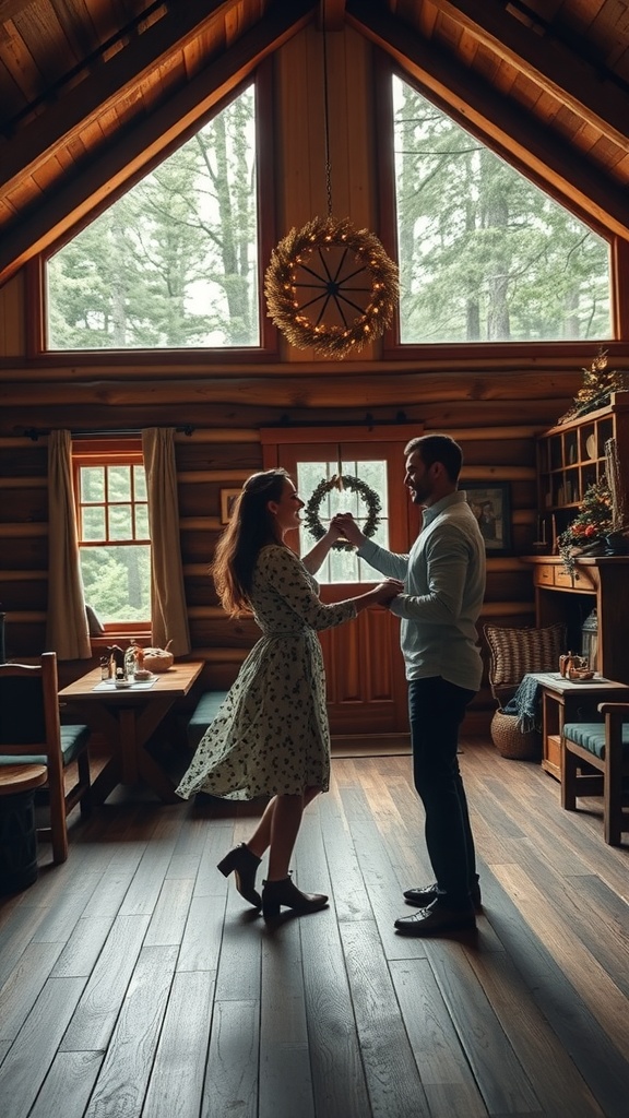 A couple dancing together in a cozy cabin setting, surrounded by wooden decor and natural light.