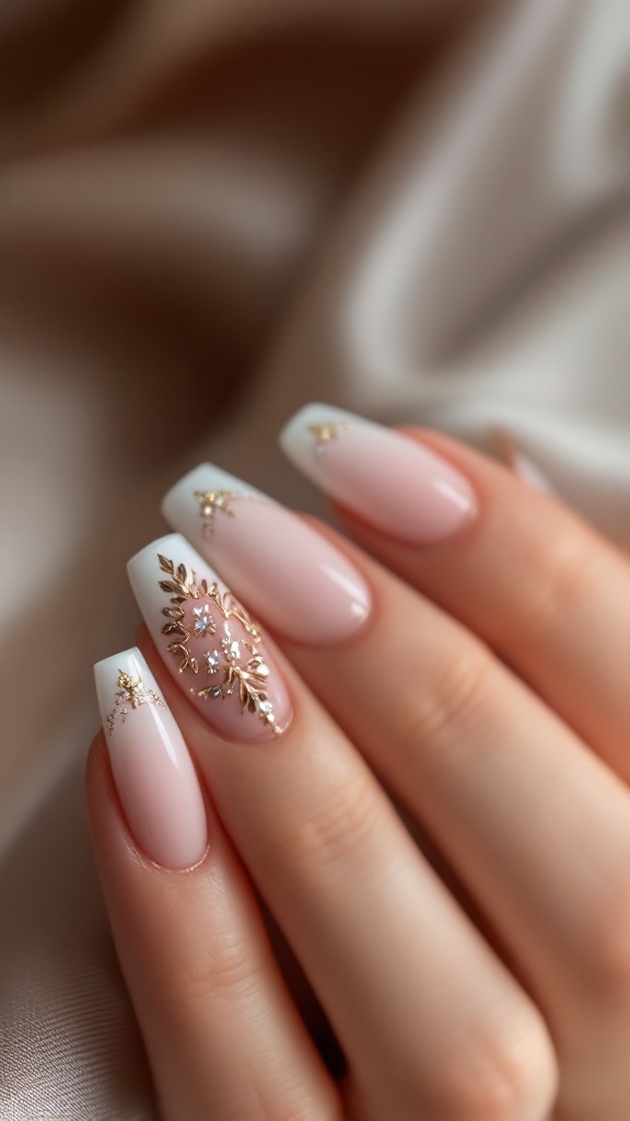 Elegant French tip wedding nails with metallic gold accents and rhinestones.