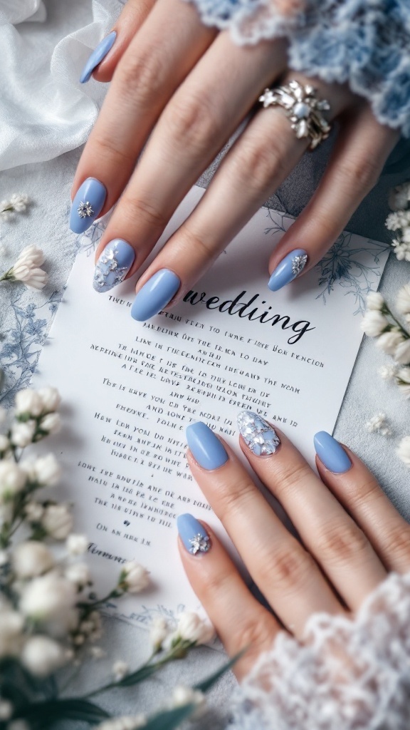 Frosted blue wedding nails with silver accents on a wedding invitation background