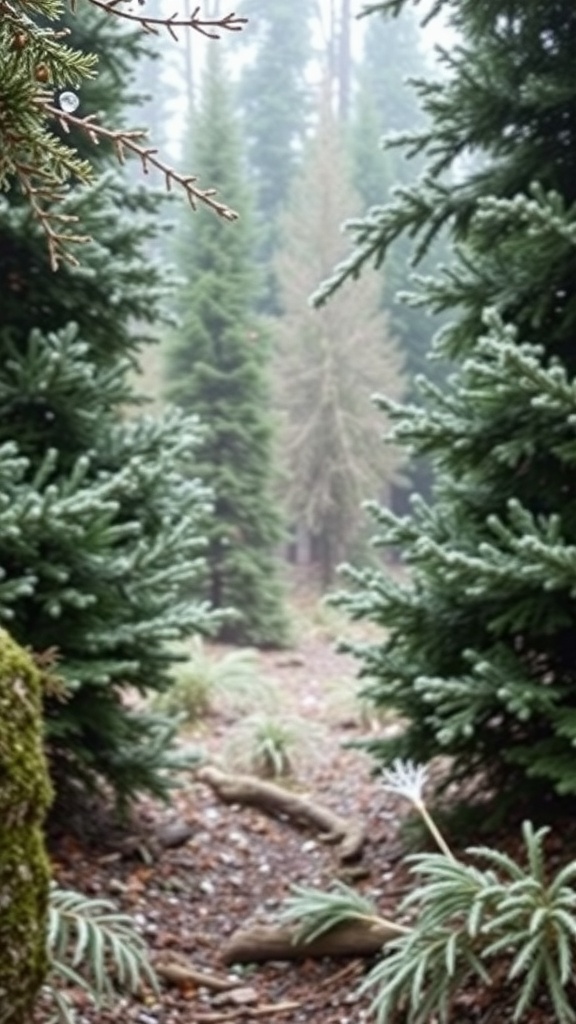 A serene forest path surrounded by evergreen trees, lightly dusted with frost, creating a tranquil winter scene.