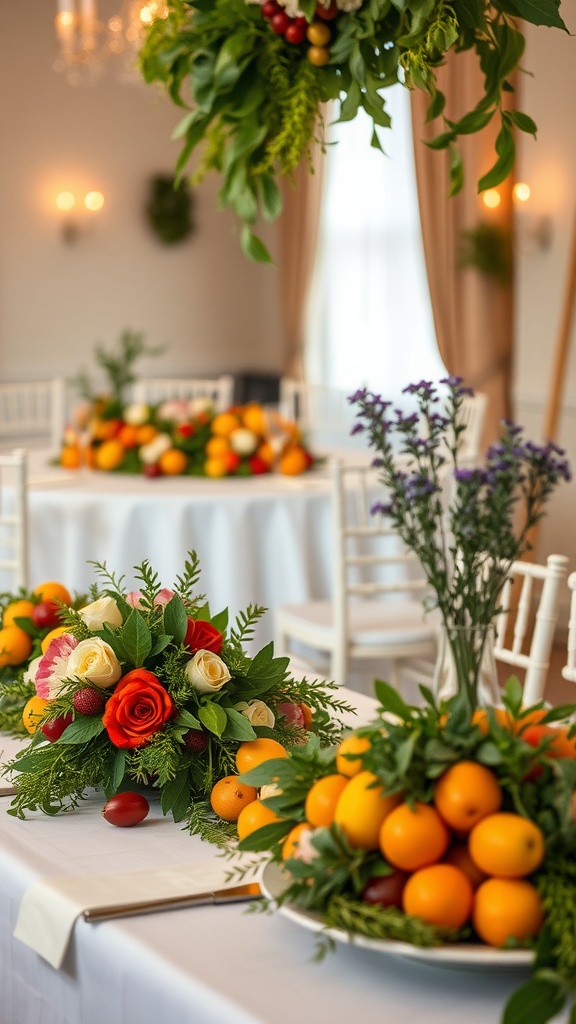 A beautifully decorated wedding table featuring vibrant fruits and lush greenery