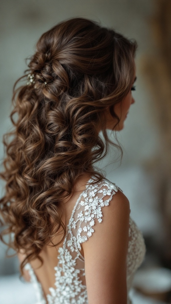 A woman with full volume curly hair styled with a side part, showcasing elegance and beauty.