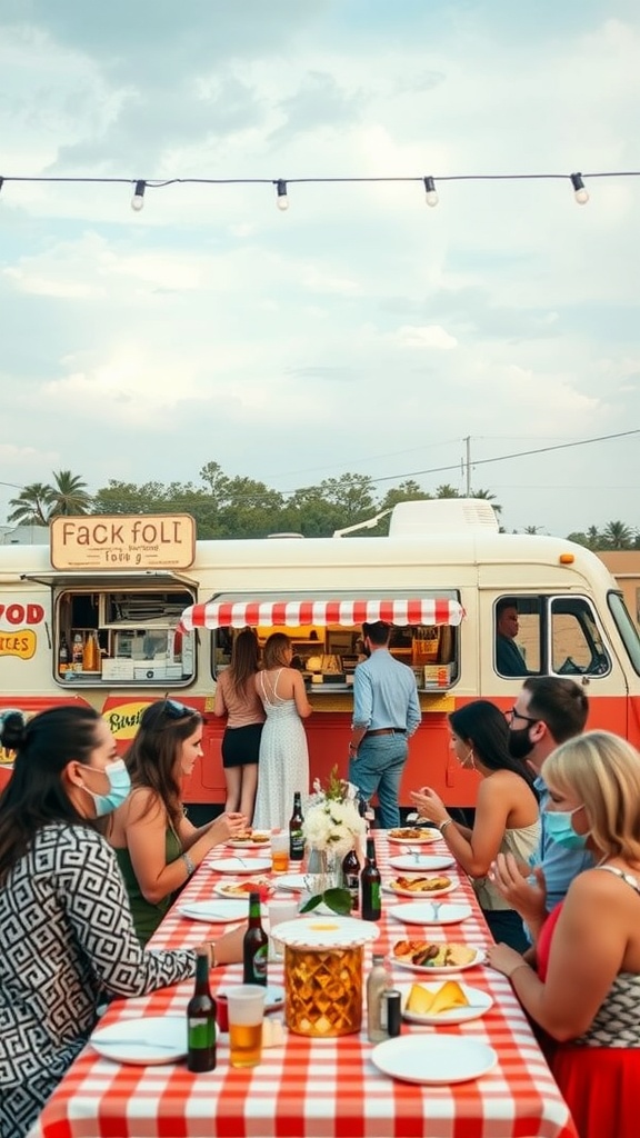 A lively food truck at a bridal shower with guests enjoying food at a long table.