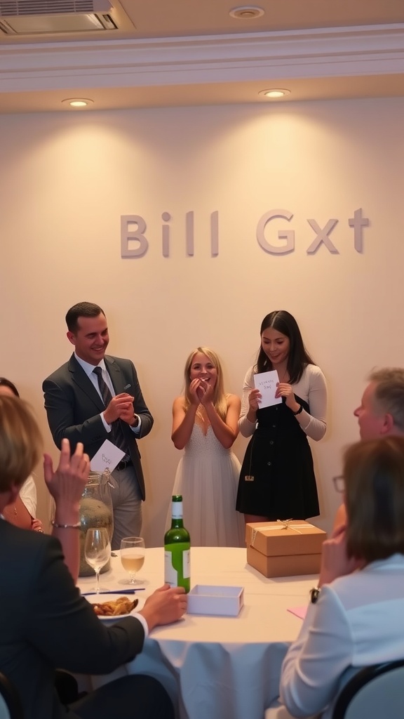 Guests enjoying a gag gift exchange at a bridal shower, with laughter and surprise on their faces.