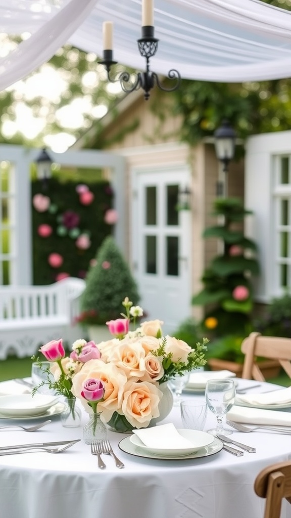 A beautifully set garden table with floral arrangements and elegant tableware.
