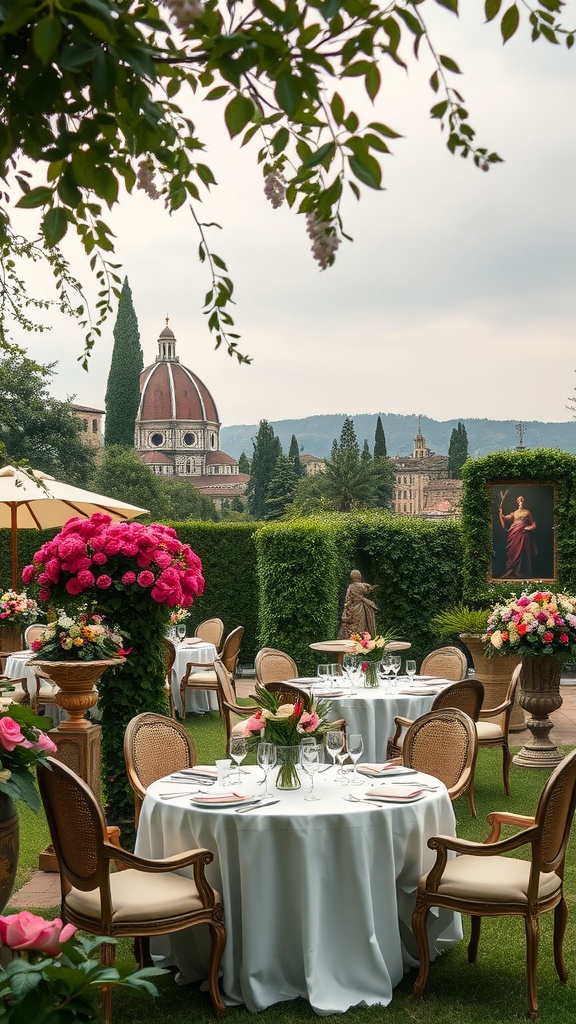 A beautifully arranged garden party in Florence with tables set for guests, pink flowers, and the iconic dome of a cathedral in the background.
