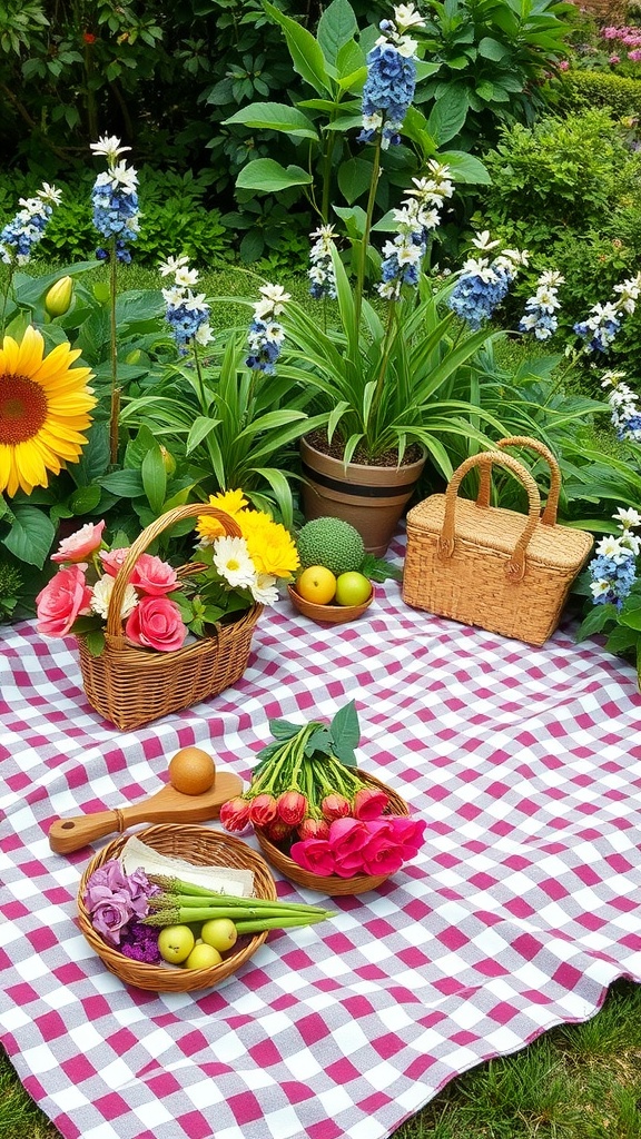 A picnic setup in a garden with flower arrangements and baskets.