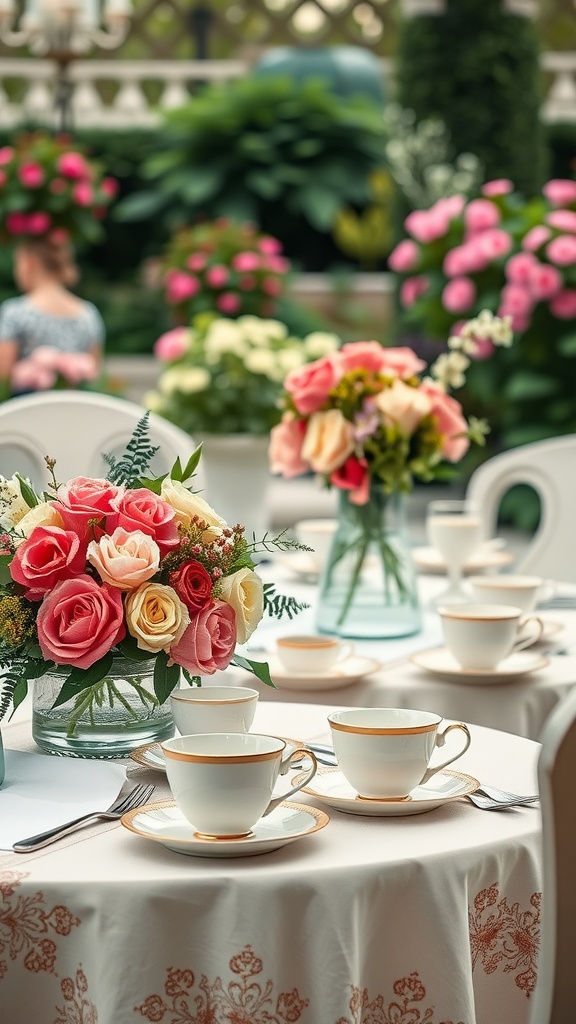 A beautifully arranged garden tea party setup with floral centerpieces and teacups.