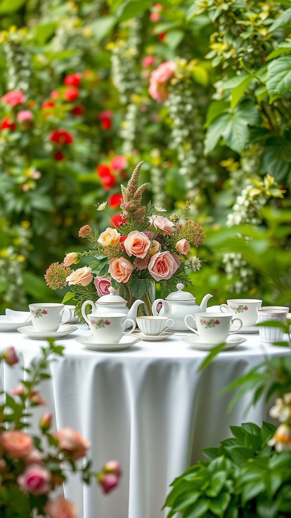 Table set for a garden tea party with floral arrangement and delicate china cups.