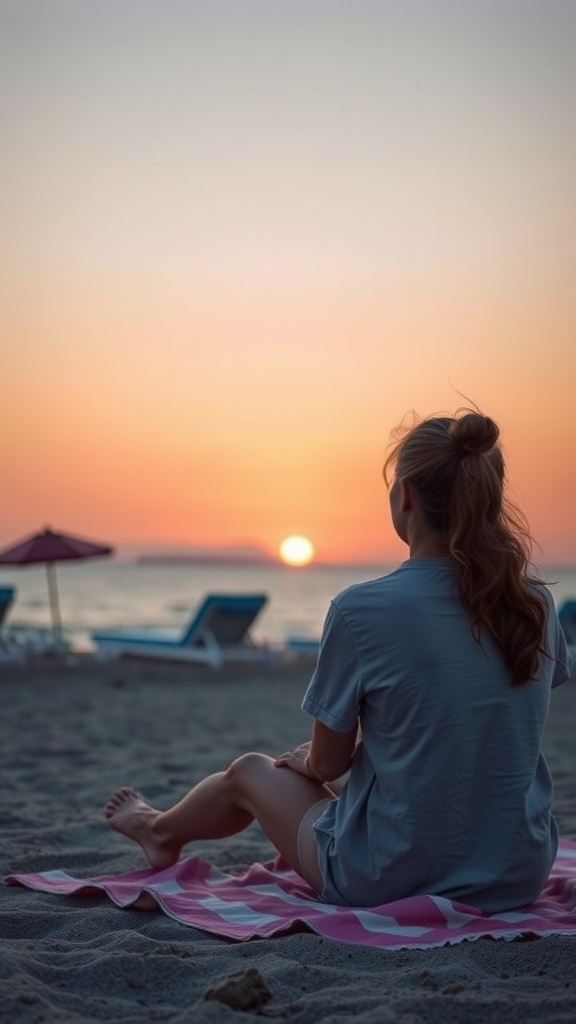 A woman sitting on a pink-striped blanket at the beach, gazing at the sunset, creating a serene atmosphere.