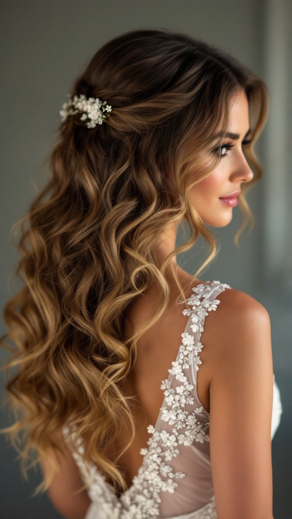 Bridesmaid with glamorous Hollywood curls and floral hair accessories