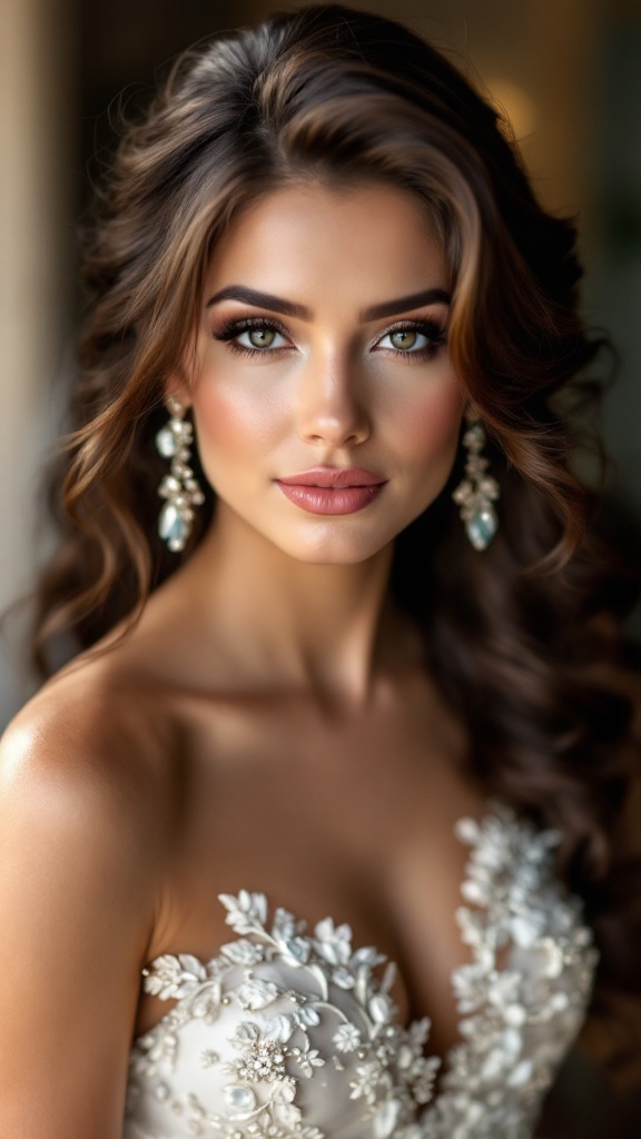 A bride with glamorous Hollywood waves hairstyle, wearing a detailed wedding dress.