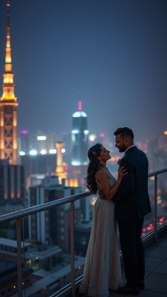 A couple on a rooftop during evening, with city lights in the background.