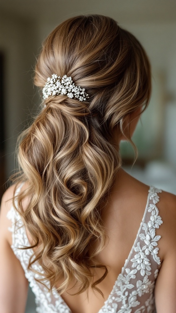 A side-swept glamorous hairstyle featuring soft waves adorned with a floral accessory.