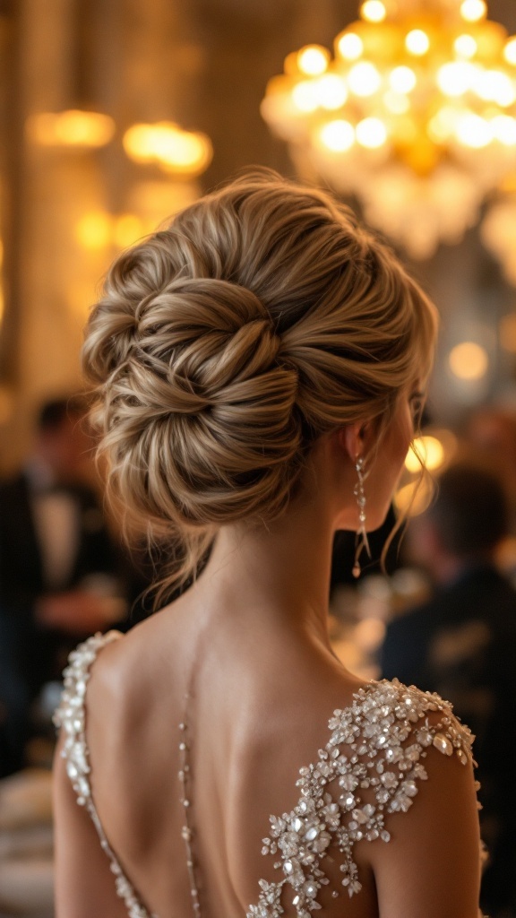 A glamorous bridal updo with dramatic volume, featuring intricate braids and a soft wave, complemented by a sparkling embellished dress.