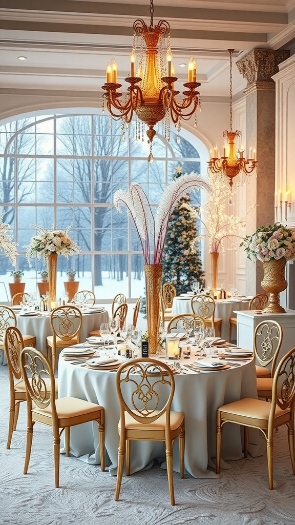 Elegant winter bridal shower setting with golden decorations and floral arrangements.
