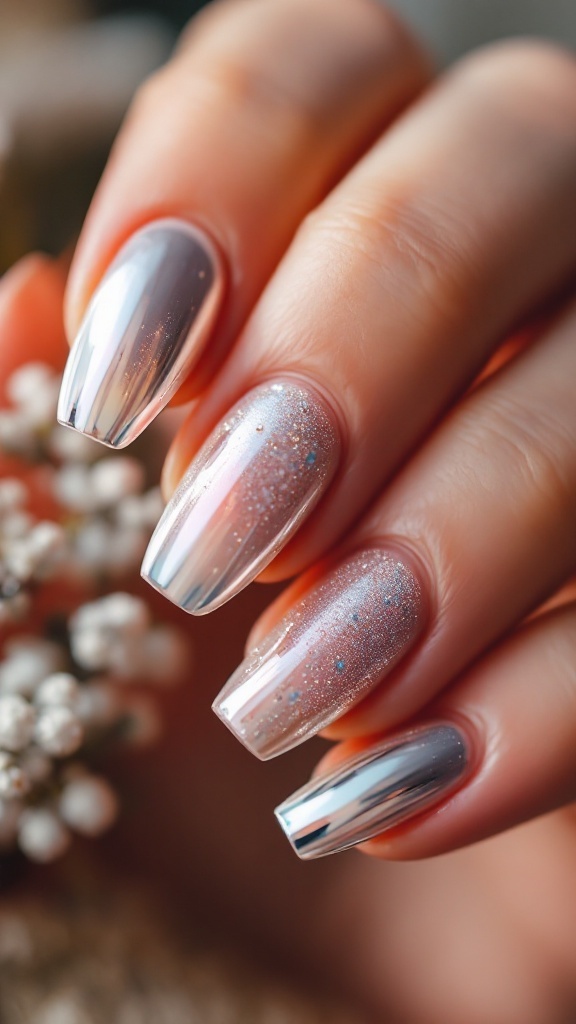 A close-up of a hand with glitter and chrome nails, showcasing a mix of shiny and sparkly effects.
