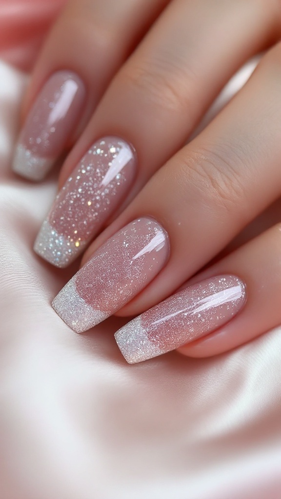 A close-up of wedding nails featuring glitter French tips with a soft pink base and shimmering glitter accents.