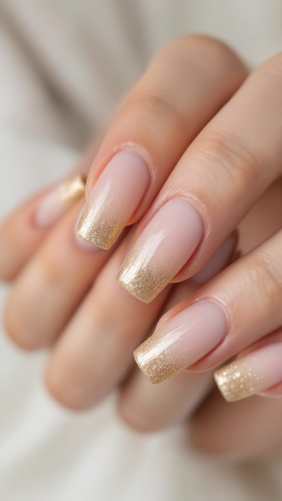 A close-up of square-shaped wedding nails featuring a glitter ombre design transitioning from nude to gold.